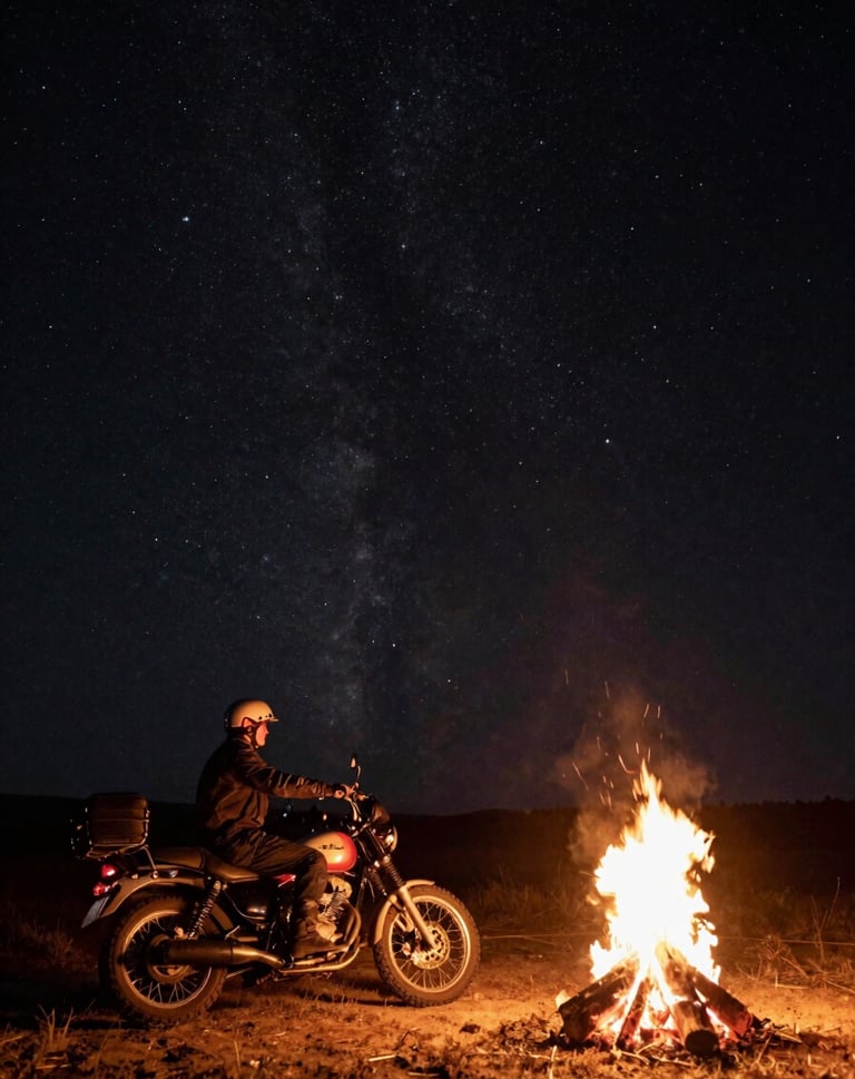 A wide, atmospheric shot of a lone rider and motorcycle parked by a small fire under a vast starlit sky in a Global / Western wilderness. The scene uses rich charcoal black for the night sky and warm soft off-white for the fire's glow.