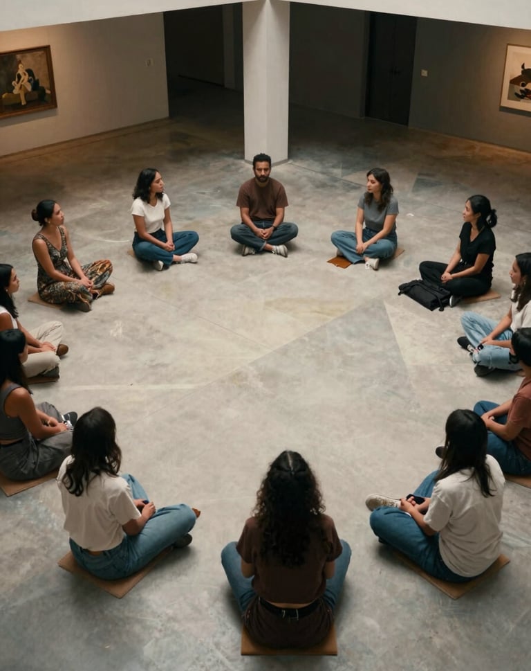 A high-angle photograph of a quiet music therapy session in a modern Mexican art space. Soft, diffused lighting, clean geometric lines on the floor, minimalist aesthetic, focus on the empty space and atmosphere.