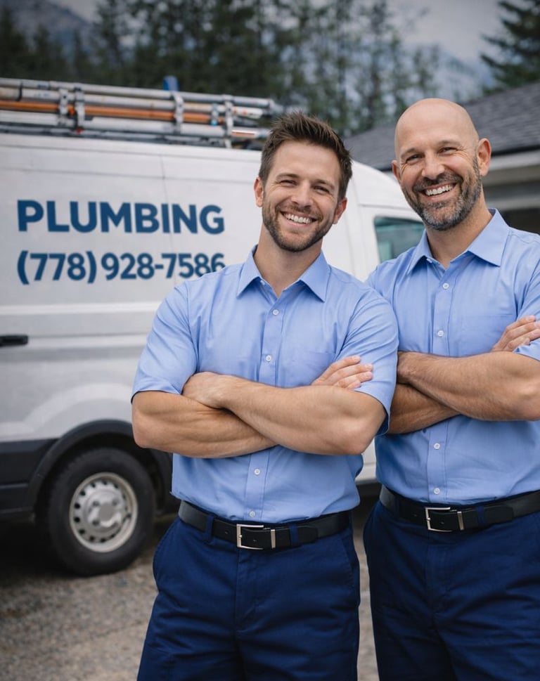 Two of Kamloops best plumbers standing next to each other in front of a van.