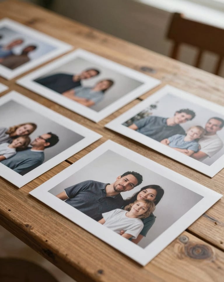A cinematic shot of physical photo prints laid out on a rustic wooden table in a sunlit room. The prints show genuine interactions between a family. The mood is intimate and nostalgic, incorporating #FDF8F0 and #3A3A3A in the decor colors.