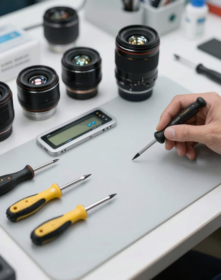 A bright, clean camera repair workbench in a US service center. Precision screwdrivers, a specialized sensor cleaning kit, and a disassembled lens are neatly arranged on a light gray mat.