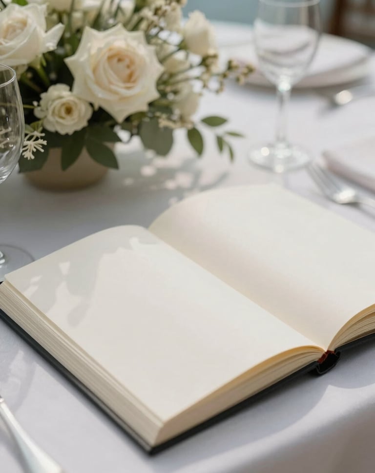 Detailed shot of a guest book and floral arrangements at a wedding reception. Modern minimalist aesthetic, South American / Colombian luxury event style, soft natural lighting with pale sky blue and soft off-white tones.