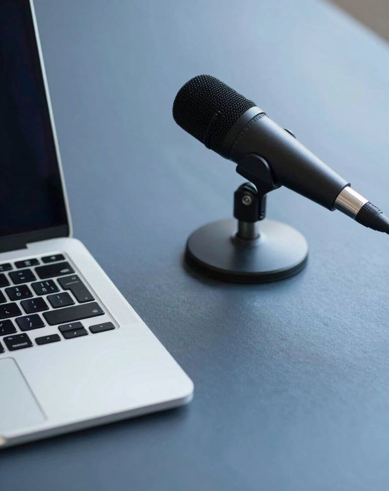 A modern, elegant workspace with a sleek laptop and a professional microphone on a slate blue #86A3B8 surface. The mood is intellectual, calm, and thoughtfully curated.
