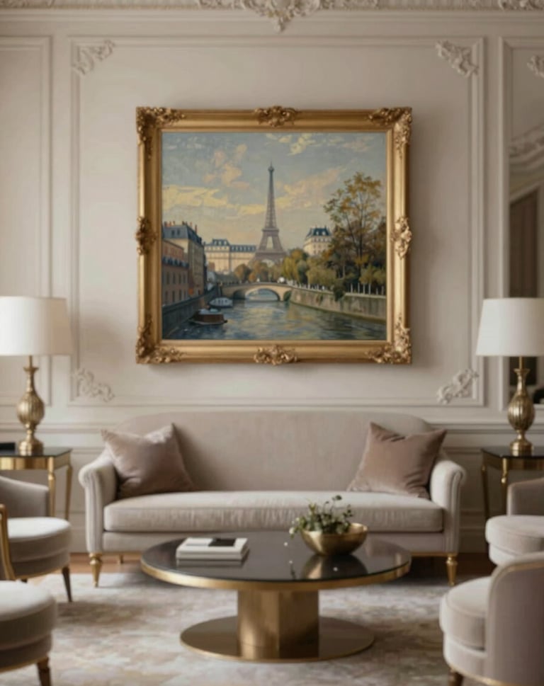 An elegant interior scene of a Parisian salon featuring a curated painting from Galerie ZAXAPH, muted colors #CFC8B7 and #5F5B54, sophisticated atmosphere.