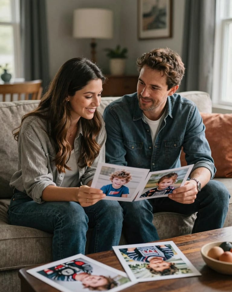 A North American / General Western couple sitting on a sofa in a sun-lit living room, looking at printed photos of their children and smiling. The atmosphere is cozy, professional, and authentic, with charcoal and terracotta accents in the home decor.