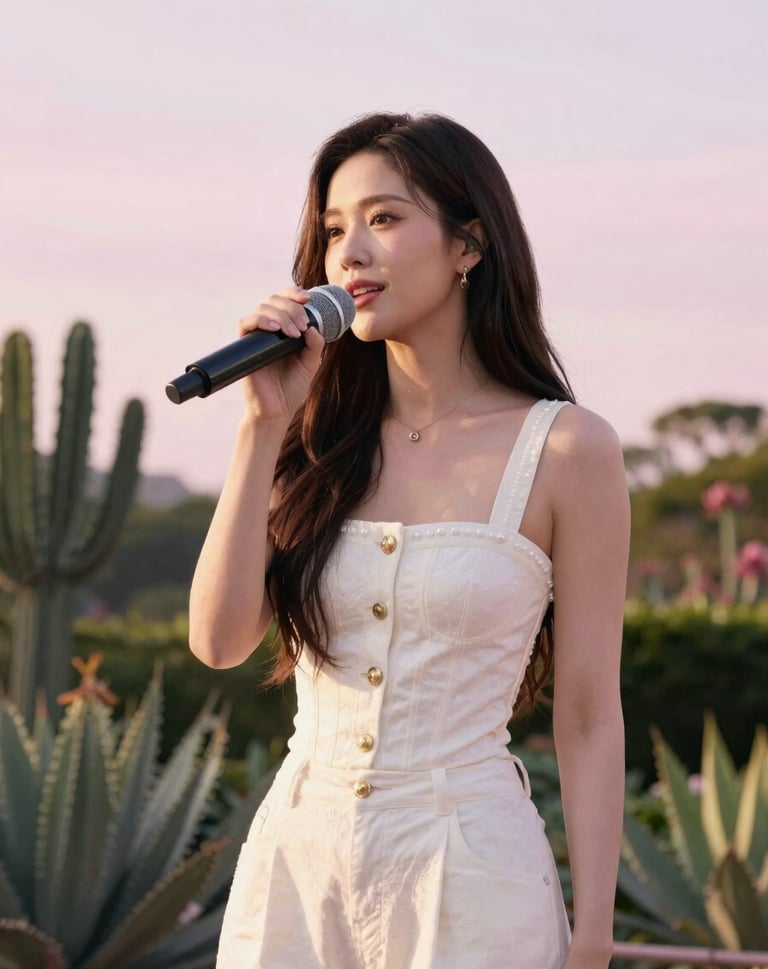 An artistic outdoor shot of a singer in a North American / US botanical garden during the golden hour. The soft lighting highlights the warm pearl and soft pink colors of the environment, creating a refined and elegant aesthetic.