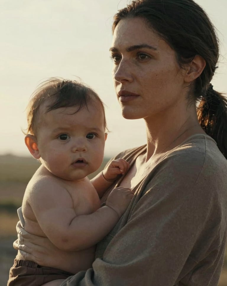 A cinematic portrait of a mother holding her baby, both looking away from the camera toward the sun. High-contrast lighting with warm highlights and soft earthy muted brown tones.