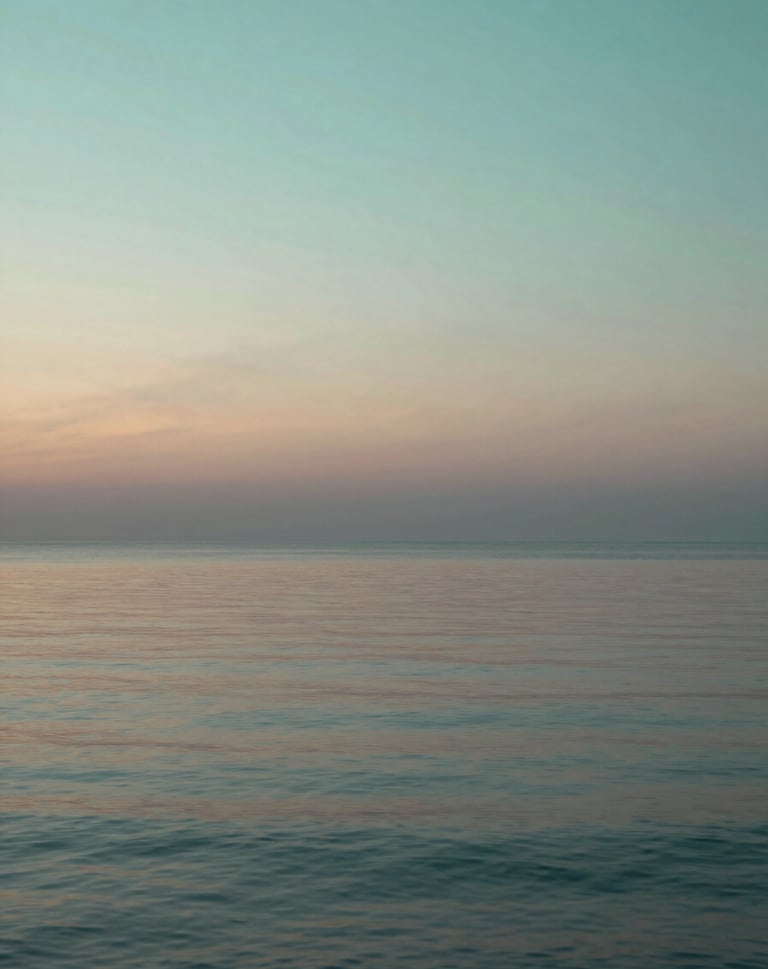 Artistic album cover concept featuring a calm ocean at dawn, reflecting the colors #91AA9D and #386F6F, minimalist and sophisticated style representing peace after a storm.