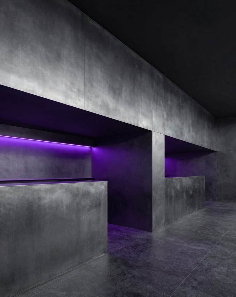 Wide architectural shot of a minimalist, modern club interior in a Spanish / Latin American capital. Sleek surfaces in steel grey and rich deep black, with subtle accent lighting in vibrant electric violet. Empty space, sophisticated vibe.