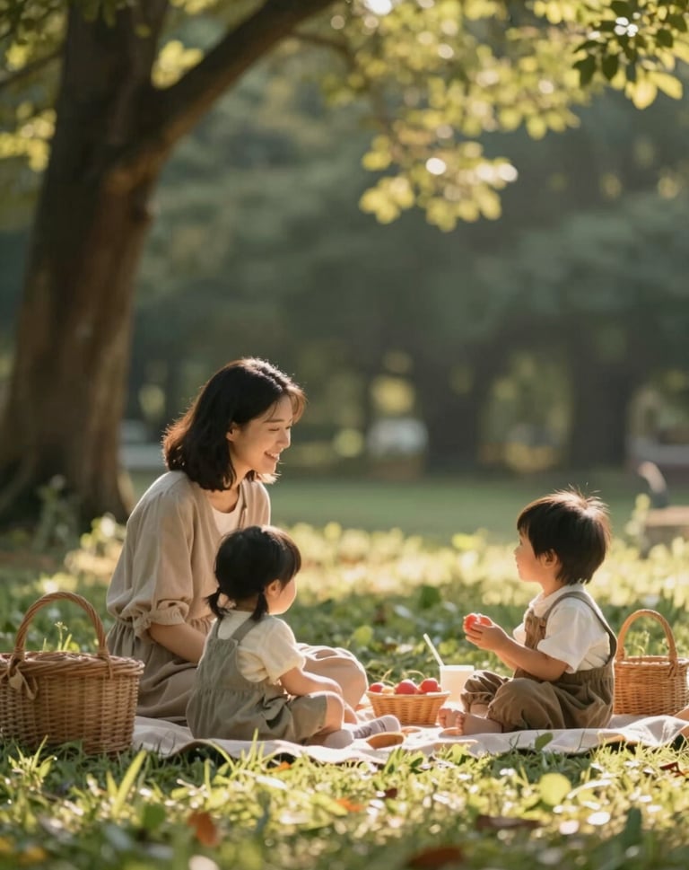 A family picnic scene in a forest clearing with dappled warm sunlight, focusing on the authentic interaction between a mother and child, cinematic and heartfelt.