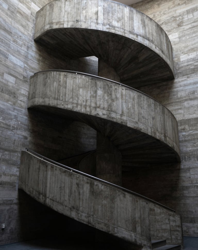 A vertical composition of a spiral concrete staircase in a South American / Brazilian art gallery. The lighting is soft but the shadows are deep black, emphasizing the sculptural quality of the architecture.