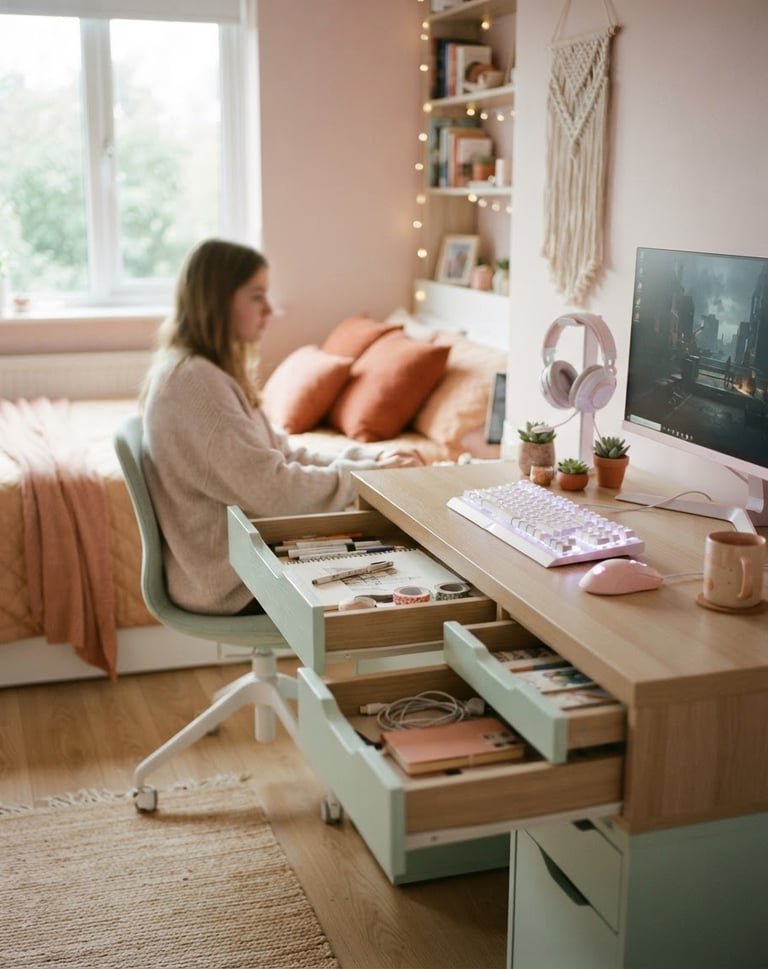 Teen bedroom with pastel wood gaming computer desk on the right, integrated storage drawers open, soft morning window light, subtle terracotta accents, shallow depth of field, 35mm.
