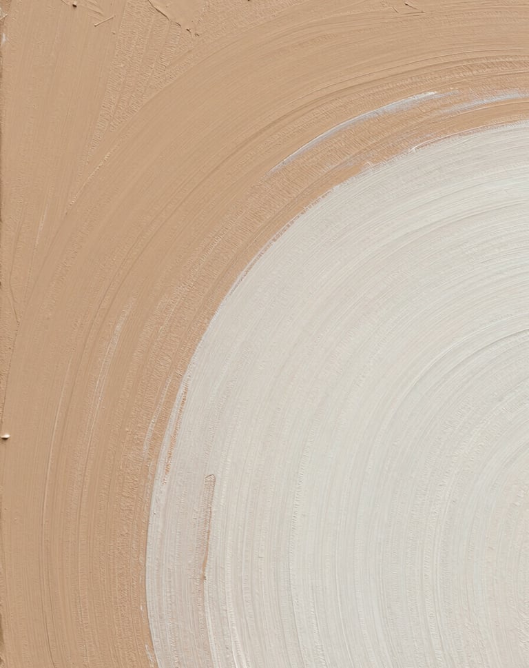 A detailed close-up of a textural painting with layers of warm dusty tan and soft off-white. The surface shows the visible marks of a gesture and the physical accumulation of material. Photography in a South American / Argentine studio.