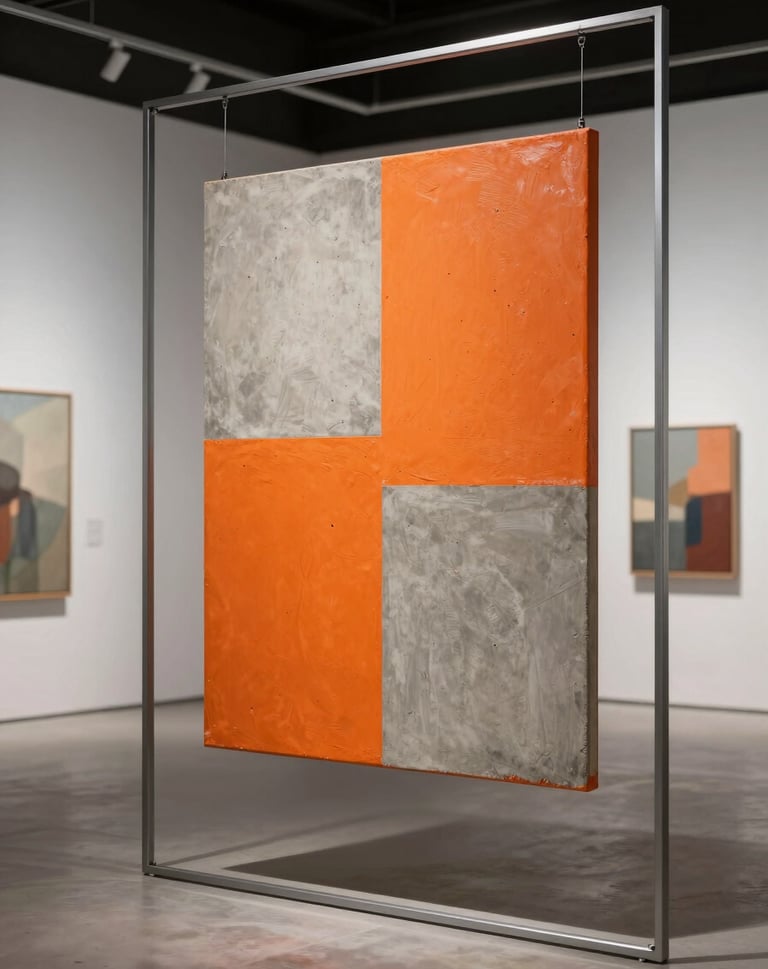Interior shot of a modern gallery in the International / Urban Art Scene, focusing on the architectural thin lines of a raw metal frame holding a vibrant safety orange and soft concrete grey painting.