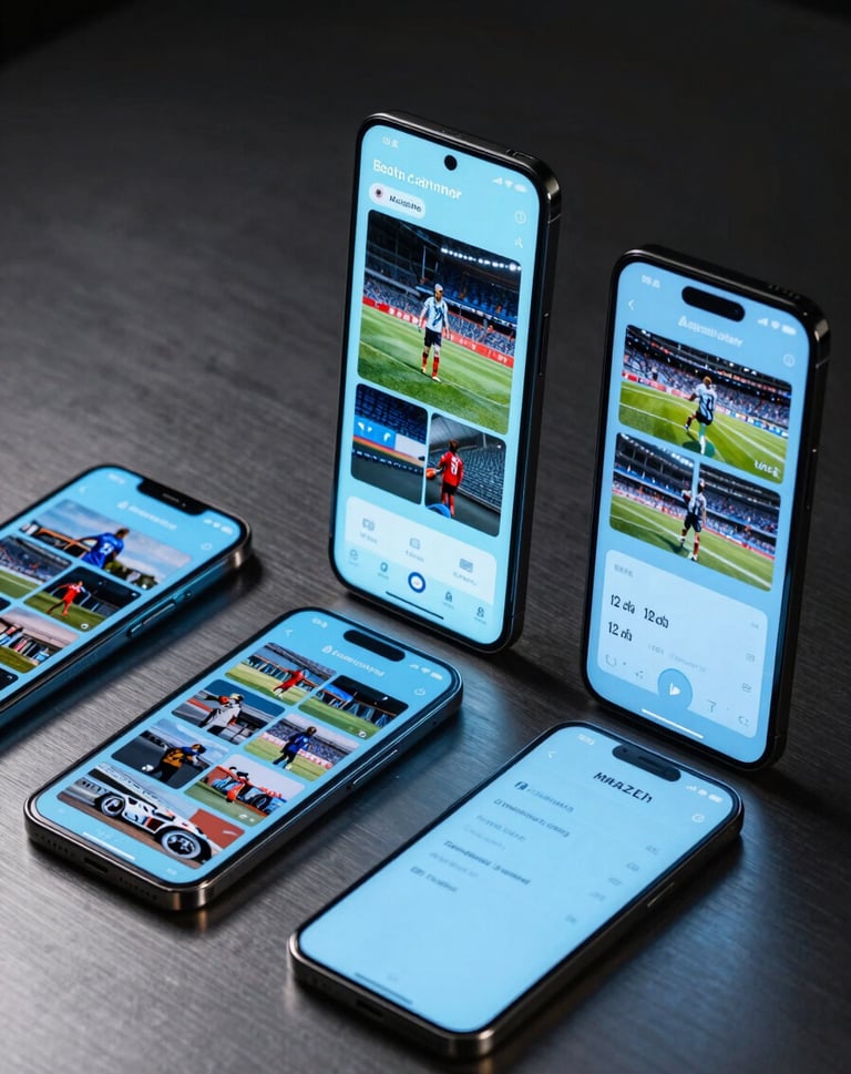 A series of high-end mobile devices displaying vertical sports video reels, glowing light blue interfaces, futuristic North American / US tech aesthetic, sleek composition on a dark metallic surface.
