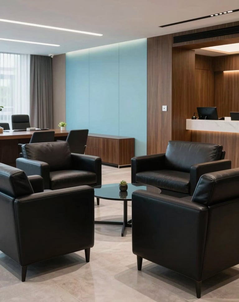 Professional photography of a high-end office lounge in Brazil, featuring black leather furniture, light gray floors, and baby blue decorative details, elegant and modern atmosphere.