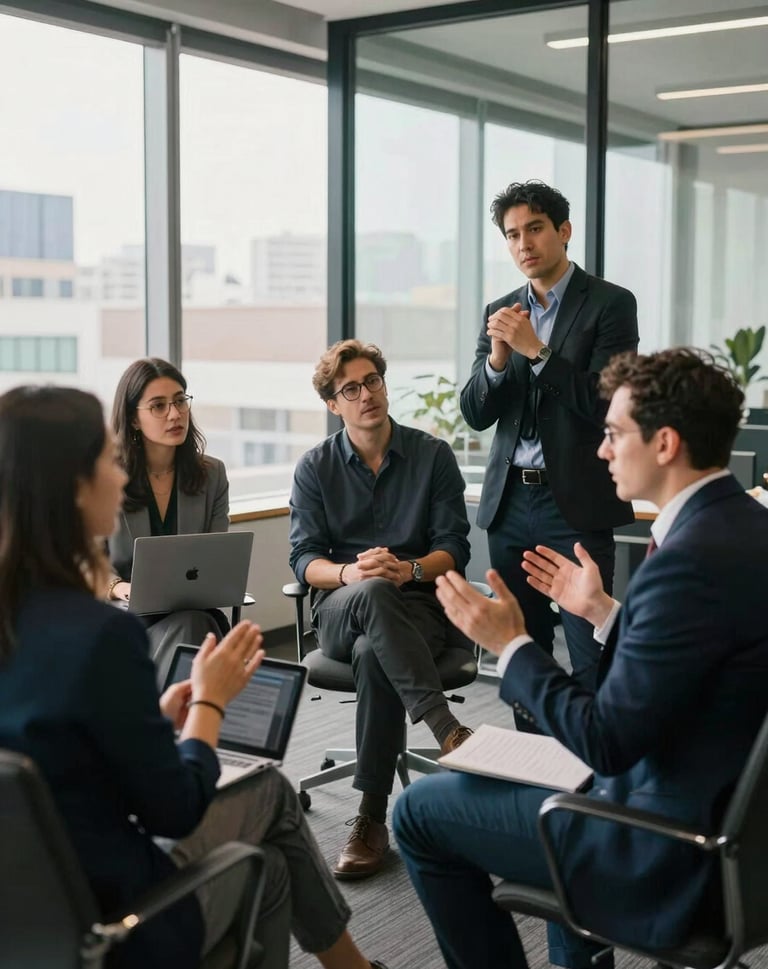 A candid shot of a passionate strategy session in a glass-walled North American office, showing professionals collaborating with focus and energy, natural afternoon lighting.