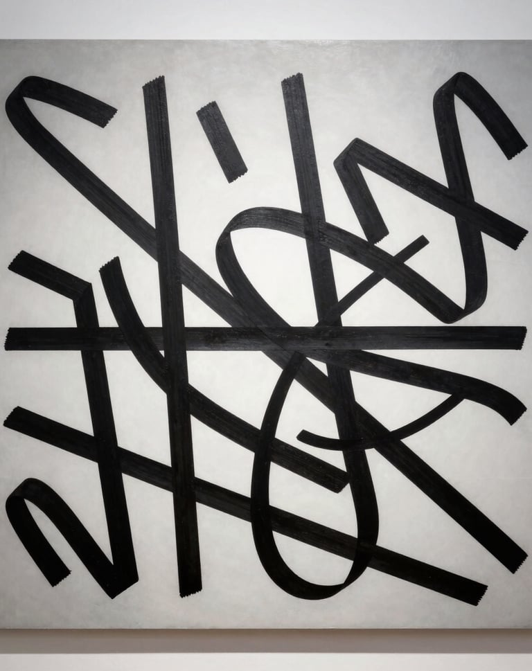 A high-contrast studio photograph of a contemporary artwork. Bold black calligraphic lines overlap a minimalist grey and white background. Professional gallery lighting creates a sense of depth and focus.