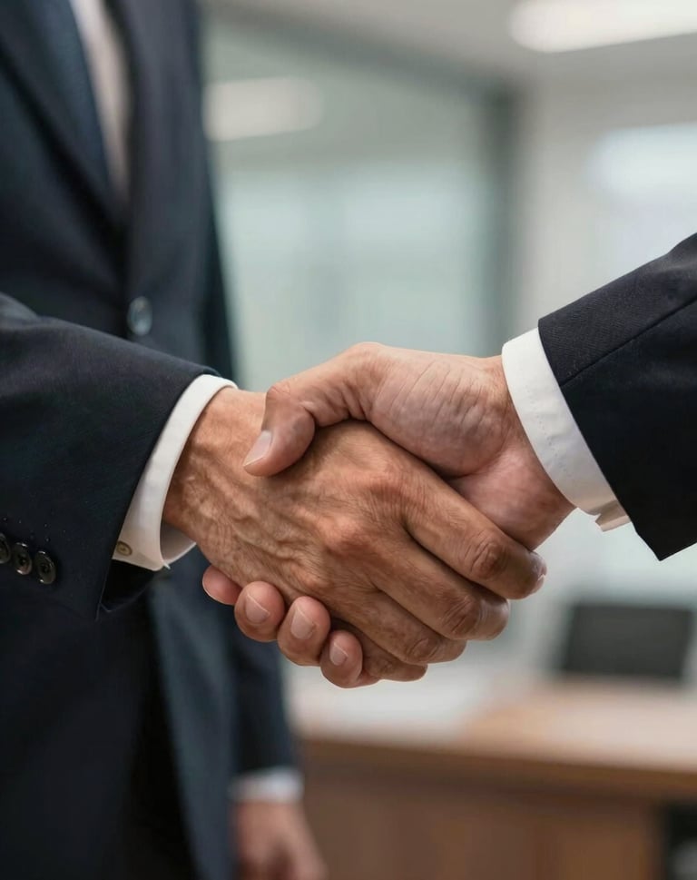 A detailed close-up of a professional handshake between two executives in a Southeast Asian / Indonesian setting, symbolizing a successful partnership, soft focus on the background.