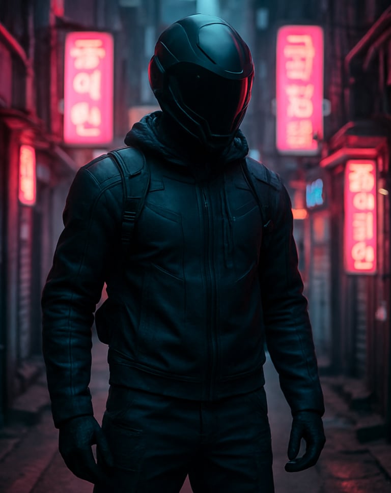 Sleek photography of a figure in high-tech urban gear standing in a narrow Seoul alleyway filled with neon signage, subtle lens flare, magenta and cyan color palette, East Asian / Korean urban.
