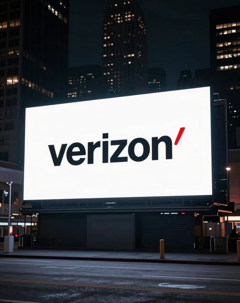 A wide, cinematic shot of a city skyline at night with a large-scale Verizon and NFL co-branded digital billboard. The image has a cool, professional aesthetic with deep shadows (#111111) and crisp white light (#F0EDE8).