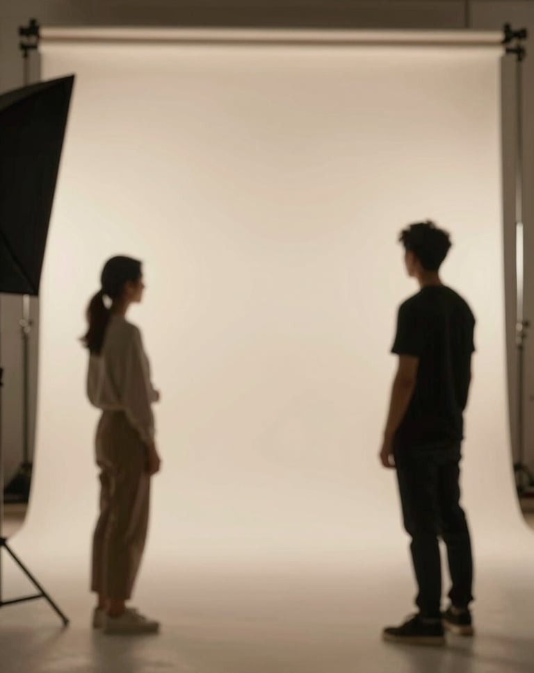 An elegant behind-the-scenes shot of a photography set, showing a professional and organized atmosphere with warm lighting and a minimalist aesthetic.