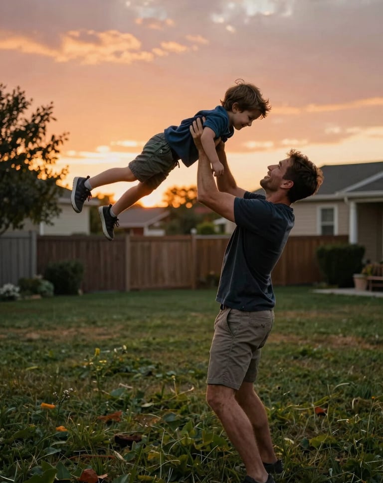 A father playfully swinging a child in a North American / US backyard. The lighting is warm and cinematic, captured during the golden hour with a terracotta-colored sunset in the background.