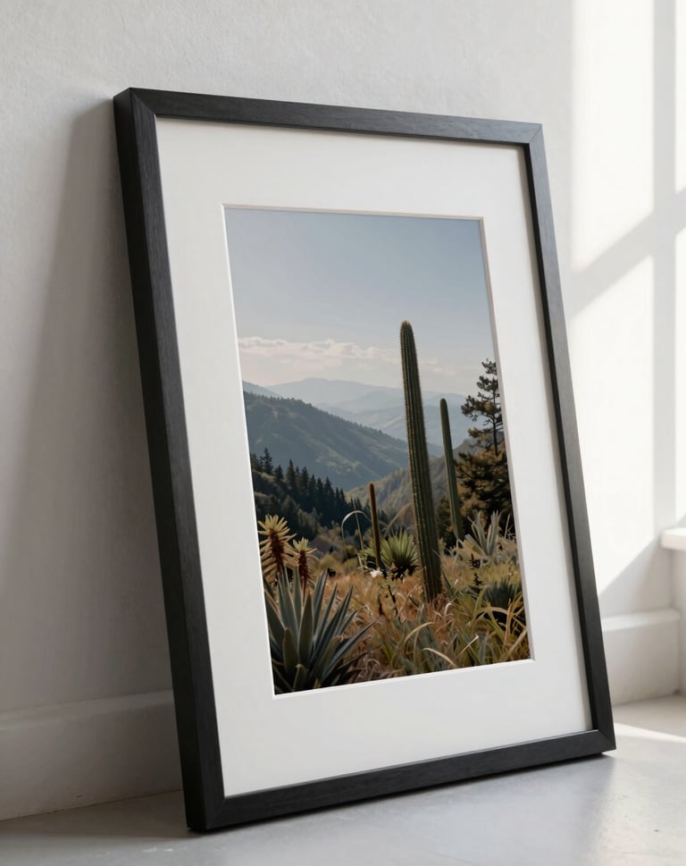 Vertical orientation. A high-detail photograph of a limited edition art print in a minimalist charcoal frame, leaning against an off-white textured wall. Natural, soft window light highlights the elegant paper texture. North American / Western European style.
