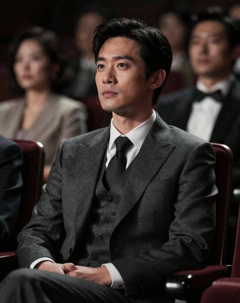 A film still showing the actor in a refined, elegant suit, sitting in a dark theater. Atmospheric lighting, soft grain, incorporating #333333 and #F5F5F5 highlights.
