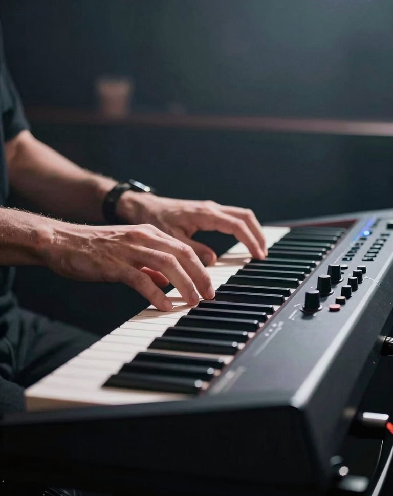 A low-angle action shot of a music artist's hands on a sleek black and chrome synthesizer. The background is a dark, minimalist North American club environment with a subtle haze.