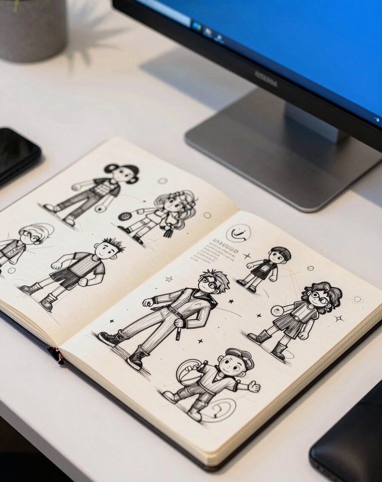 A flat lay of a designer's desk in North America / US, including a sketchbook with character concepts and a professional monitor, royal blue highlights.