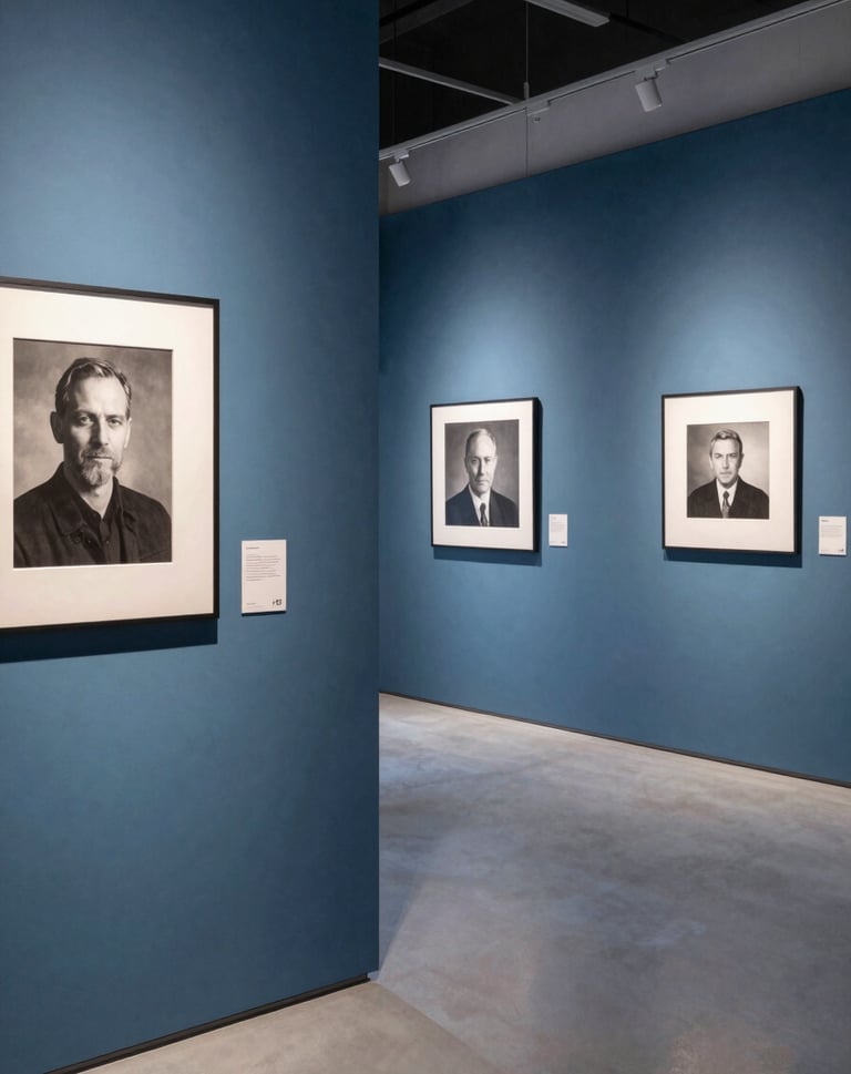 A vertical shot of a modern gallery space with slate blue accents and mist grey floors, showcasing professional display standards.