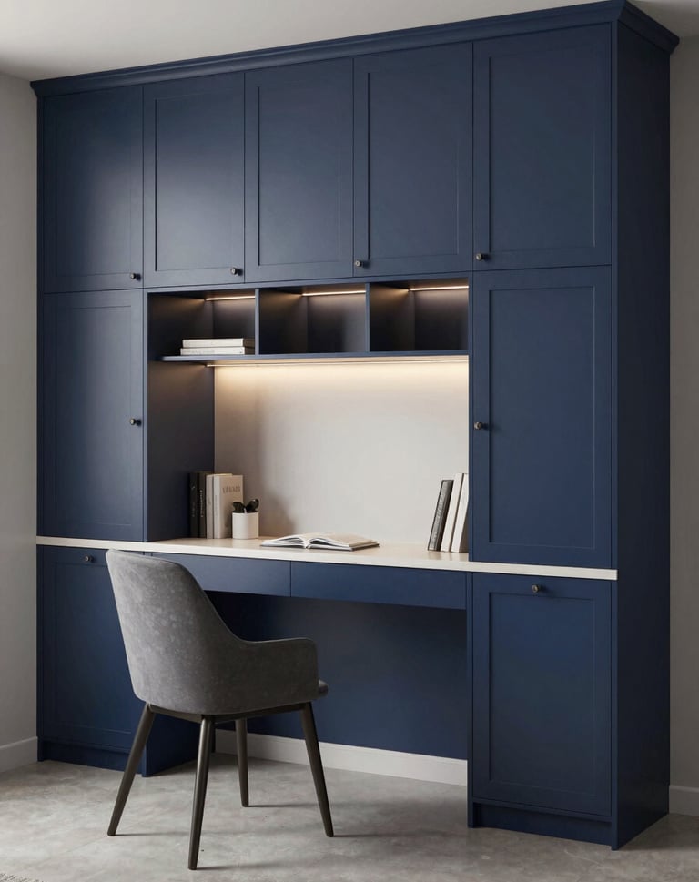 A photorealistic 3D visualization of a modern home office with navy blue cabinetry and integrated lighting. Sophisticated and precise, reflecting Northern European design trends. Soft shadows and clean textures.
