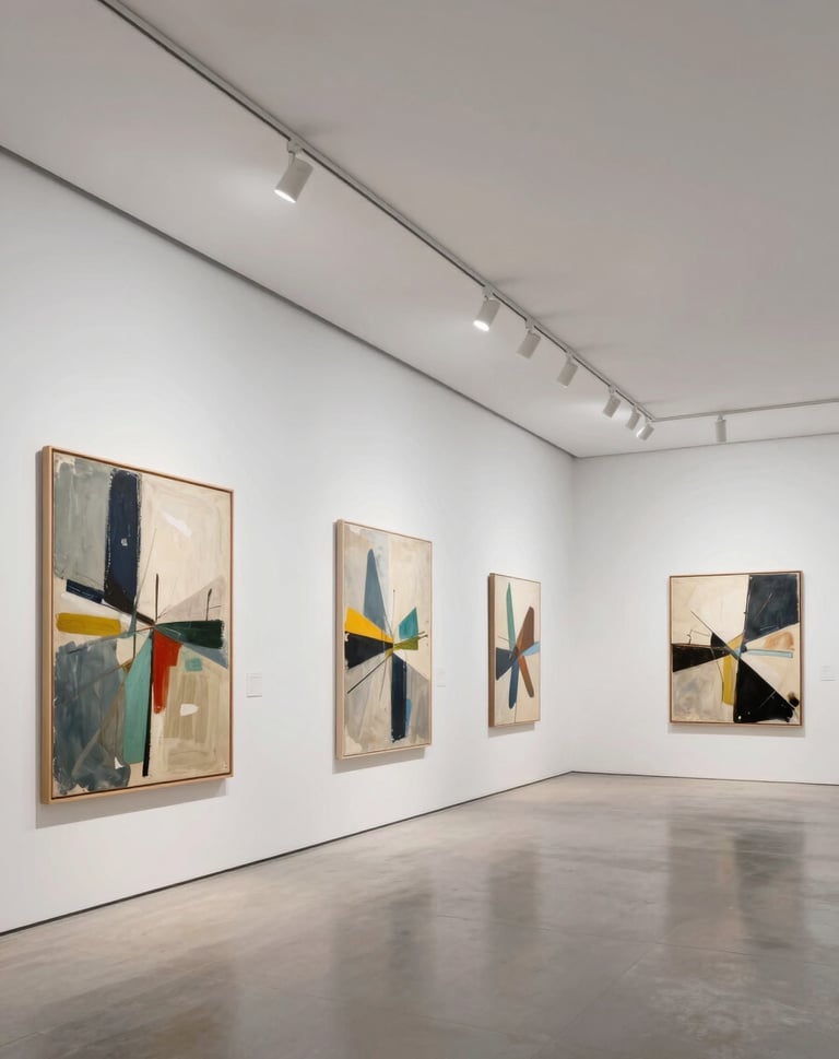 A wide, clean shot of a modern art gallery in the US with high ceilings and white walls, where a series of large abstract paintings are displayed with focused track lighting.