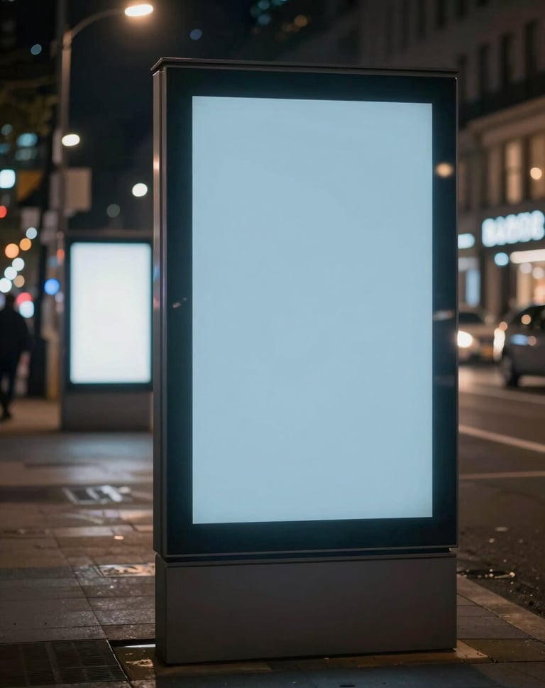 A night-time urban street view where digital billboards cast a soft glow on the pavement. The composition is balanced and thoughtful, incorporating #607D8B and #B0BEC5 to evoke a sense of quiet inquiry.