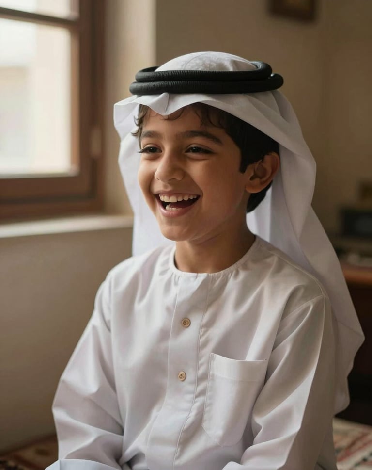 A heartwarming portrait of a laughing child in a Middle Eastern / Gulf domestic setting, cinematic lighting coming from a nearby window, warm tan and soft off-white tones, authentic lifestyle photography.