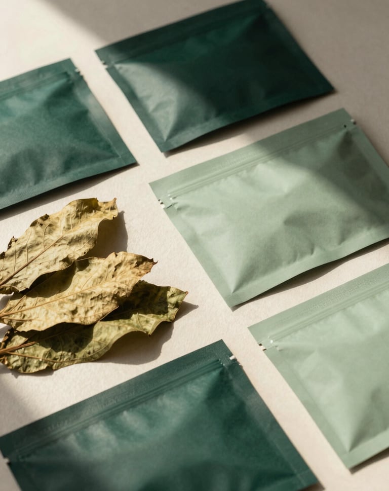 Artistic arrangement of botanical ingredients like dried leaves next to packaging samples. The scene is illuminated by warm, natural light in a North American / US creative studio. Colors feature deep sea green and soft sage green.