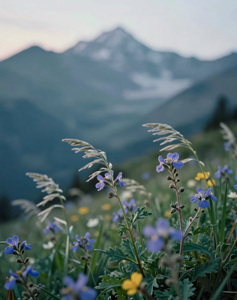 A vertical photograph of a cluster of mountain wildflowers swaying in the breeze. The focus is sharp on the foreground blooms with a soft bokeh effect on the distant peaks. The palette includes muted green and steel blue, capturing a serene morning in the mountains.