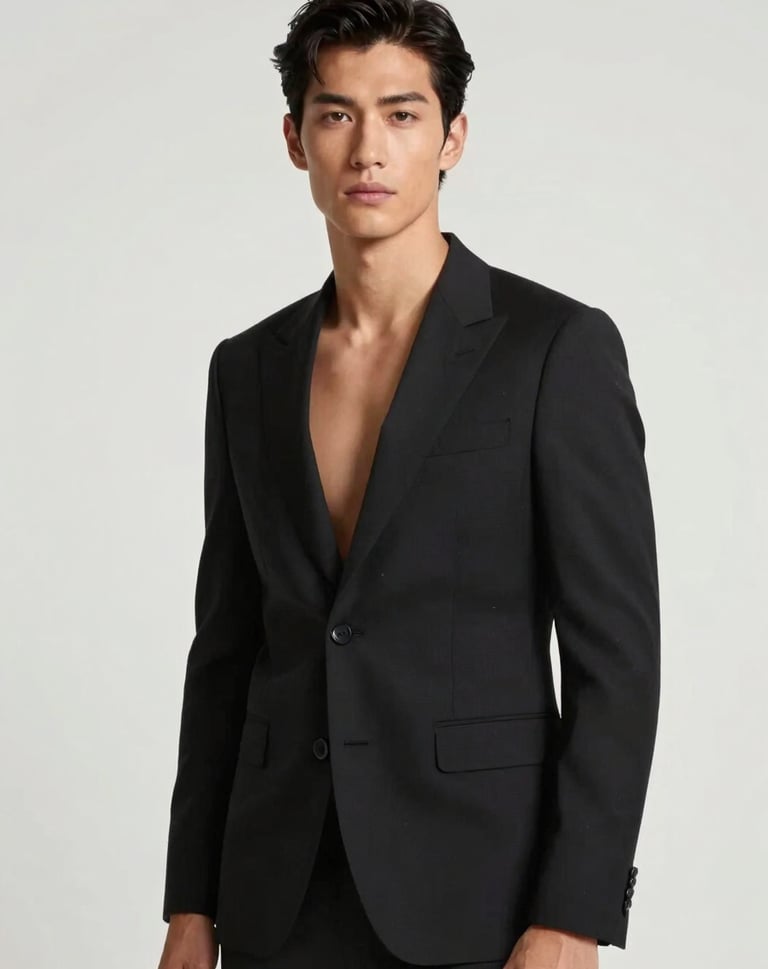 A vertical portrait of an elegant figure in a high-fashion black suit against a clean white background, soft professional studio lighting, sophisticated and timeless style, Global / Hispano context.