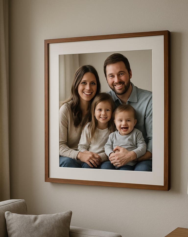 A lifestyle shot of a high-quality framed family portrait hanging on a minimalist wall in a modern North American home. The image captures the final project outcome, showing how the photography integrates into a real living space.