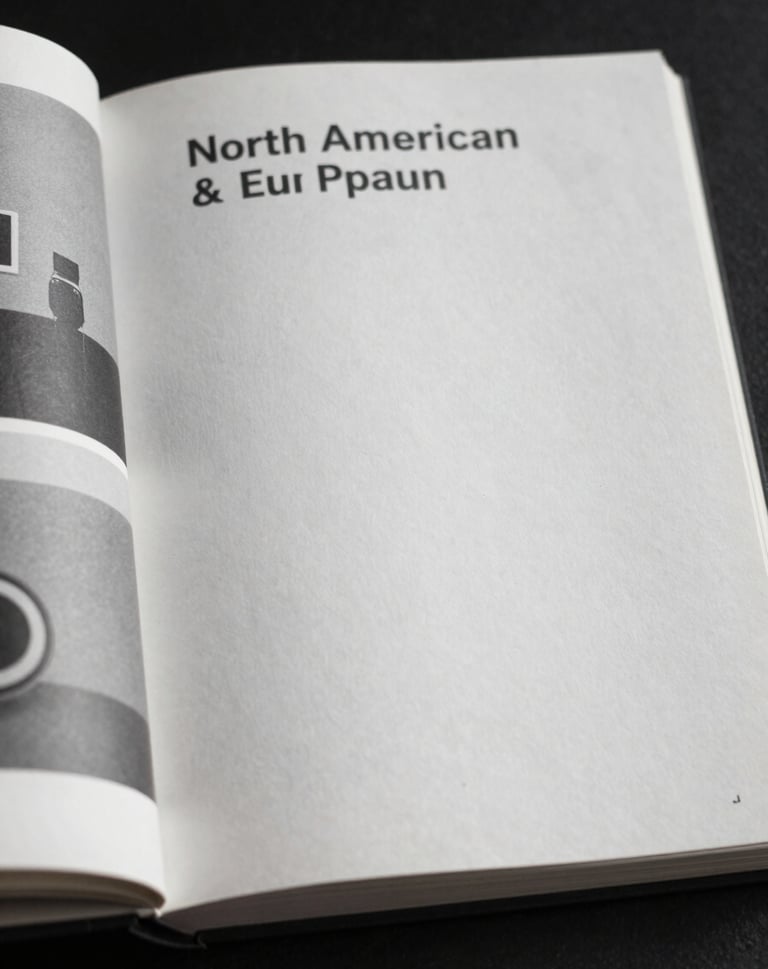 Close up shot of an open art publication featuring clean sans-serif typography and black and white imagery, North American / European studio, natural side lighting, emphasizing paper texture, soft gray and white tones.