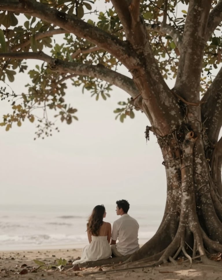Honeymooners sharing a quiet moment under a large banyan tree in Bali. Minimalist, artistic framing, warm storytelling aesthetic, conveying heartfelt elegance. Natural tones of #2A362B, #5F705B, and #F7F3EE.