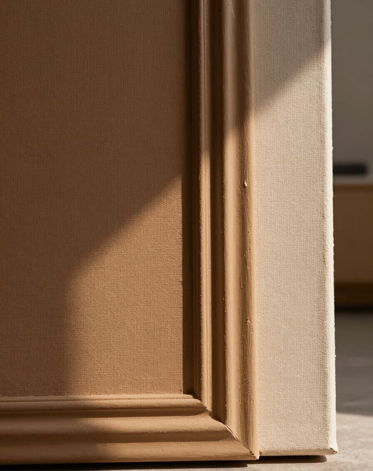 A detailed side-profile shot of a textured canvas, showing the height and depth of the molding paste ridges. The colors are deep umber and soft beige, illuminated by warm sunlight in a clean, modern studio.