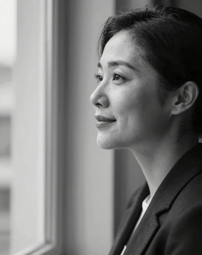 A professional black and white portrait of a person looking out a window with a peaceful expression, featuring high contrast and elegant composition. Touches of #1A2F3C and #F5F2EC in the grading. Evokes a sense of trust and deep narrative.