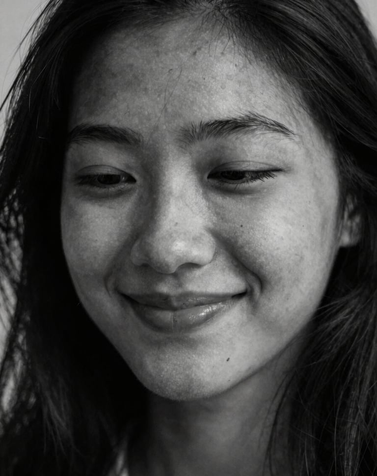 A candid, sensitive moment captured in black and white style but with deep dark charcoal and off-white tones. A soft smile partially hidden by shadows, evoking deep artistic appreciation.