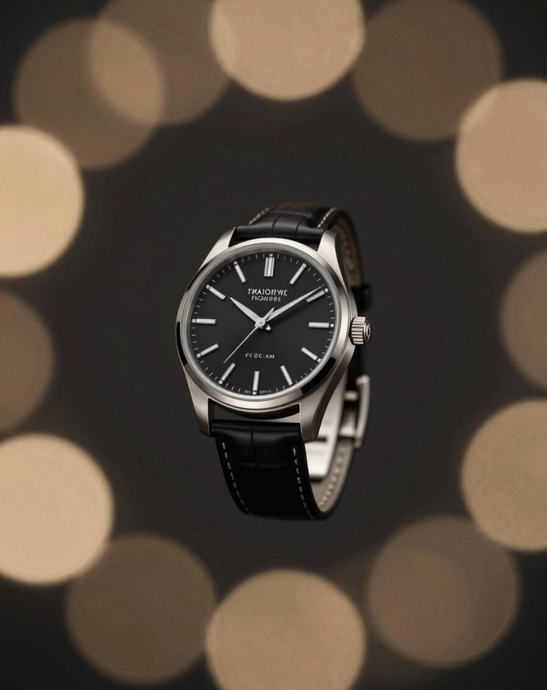 A minimalist composition featuring the luxury watch floating in a void of deep charcoal black, surrounded by a ring of muted metallic gold bokeh.