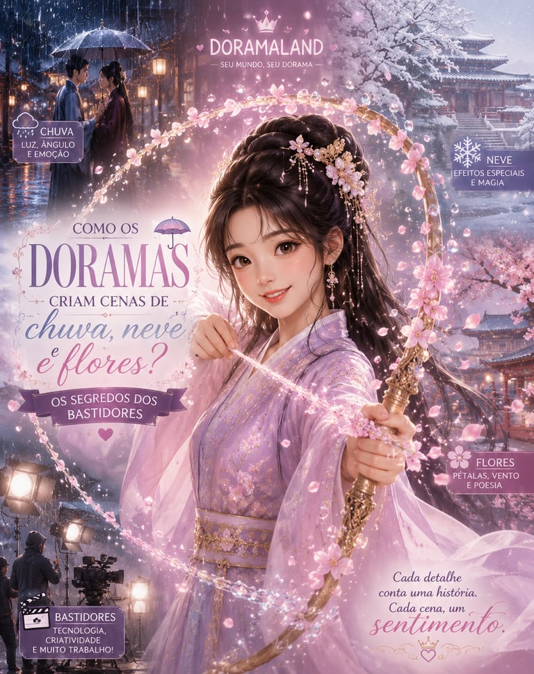 Fantasy anime character in a purple hanfu holding a floral bow with cherry blossoms and drama scenes.