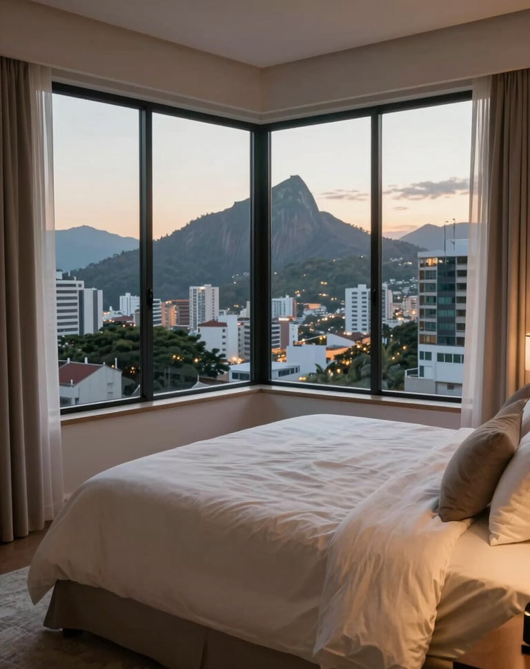 Wide shot of a master bedroom with soft linens in cream and warm taupe, a large window overlooking a South American / Brazilian cityscape at dusk, soft cinematic atmosphere.
