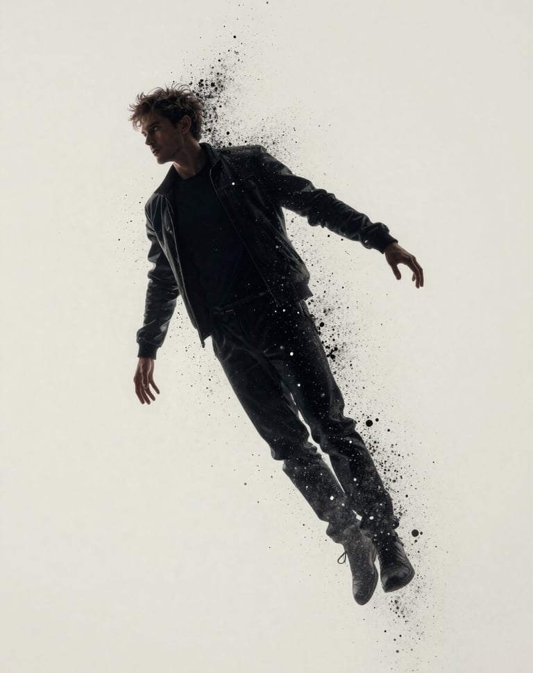 A final hero frame from the Chroma campaign: a figure disappearing into a cloud of digital particles. High-contrast deep obsidian and soft off-white. The lighting is dramatic and the composition is aggressive and modern.