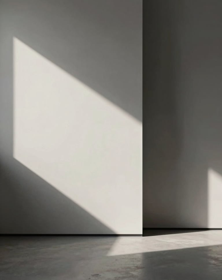 A minimalist interior shot of the project, focusing on the interplay of light and shadow on raw walls. Colors lean toward #6B705C and #1A1A1A. High-energy, sophisticated yet edgy vibe.